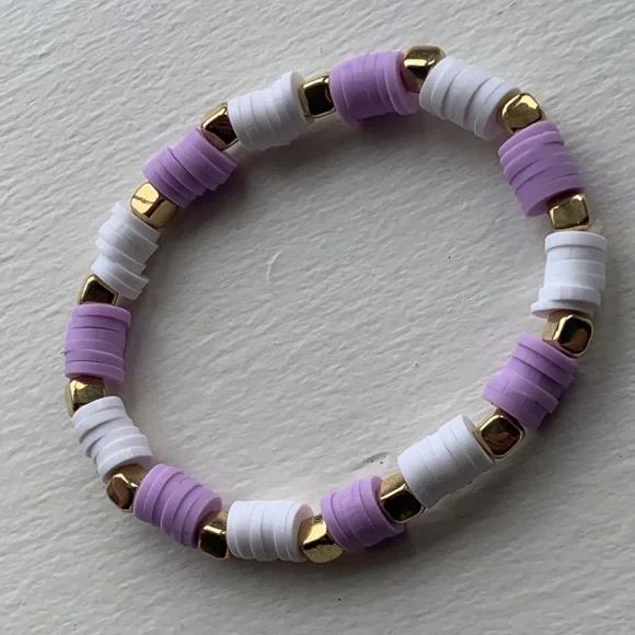 Handmade clay bead purple/white square gold beads stretchy - Picture 1 of 5